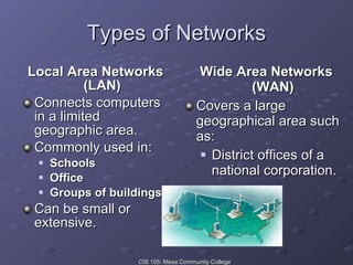 Types of Networks Local Area Networks (LAN) Connects computers in a limited geographic area. Commonly used in: Schools Office Groups of buildings Can be small or extensive. Wide Area Networks (WAN) Covers a large geographical area such as: District offices of a national corporation. 