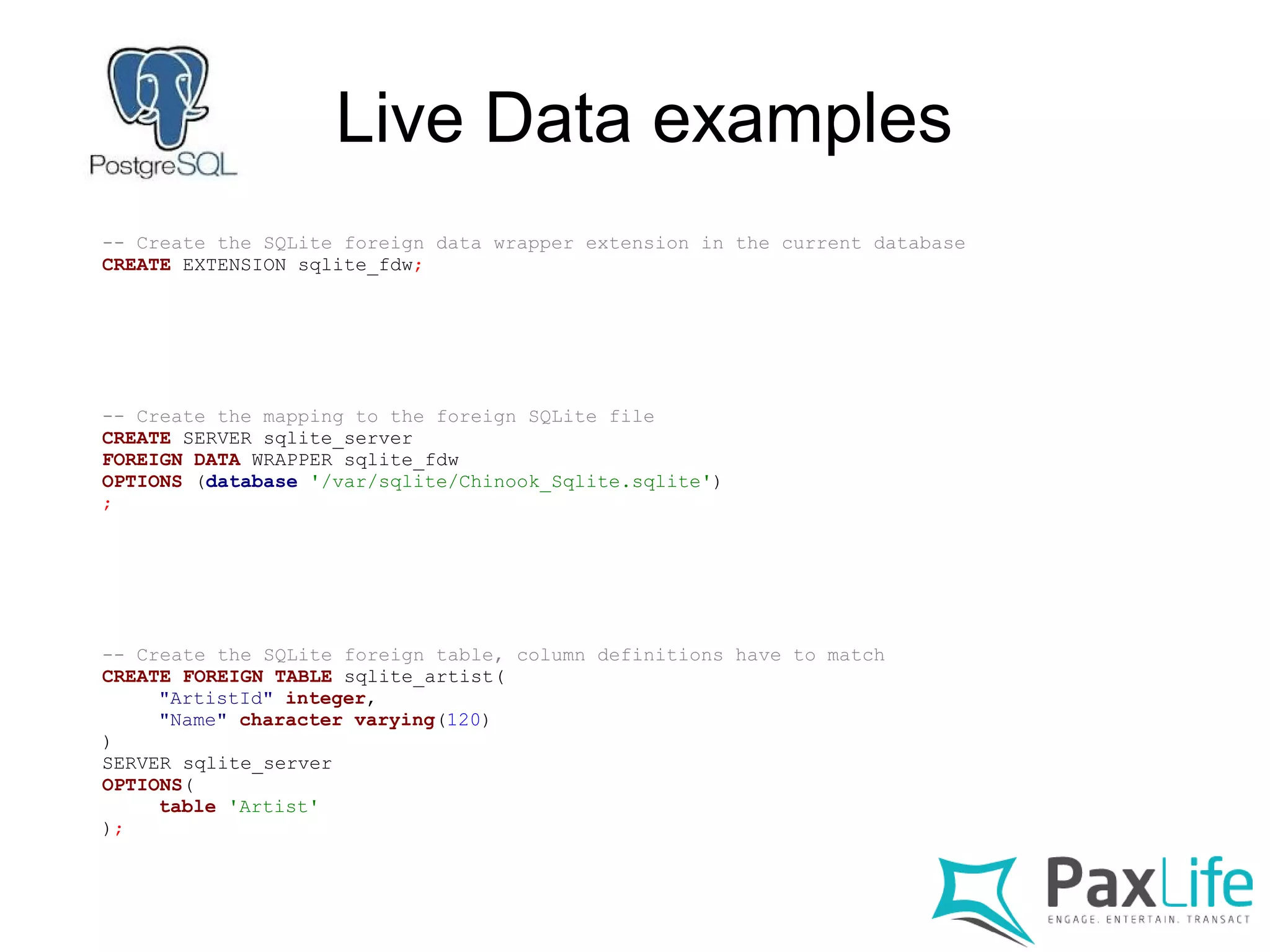 Live Data examples
-- Create the SQLite foreign data wrapper extension in the current database
CREATE EXTENSION sqlite_fdw;
-- Create the mapping to the foreign SQLite file
CREATE SERVER sqlite_server
FOREIGN DATA WRAPPER sqlite_fdw
OPTIONS (database '/var/sqlite/Chinook_Sqlite.sqlite')
;
-- Create the SQLite foreign table, column definitions have to match
CREATE FOREIGN TABLE sqlite_artist(
"ArtistId" integer,
"Name" character varying(120)
)
SERVER sqlite_server
OPTIONS(
table 'Artist'
);
 