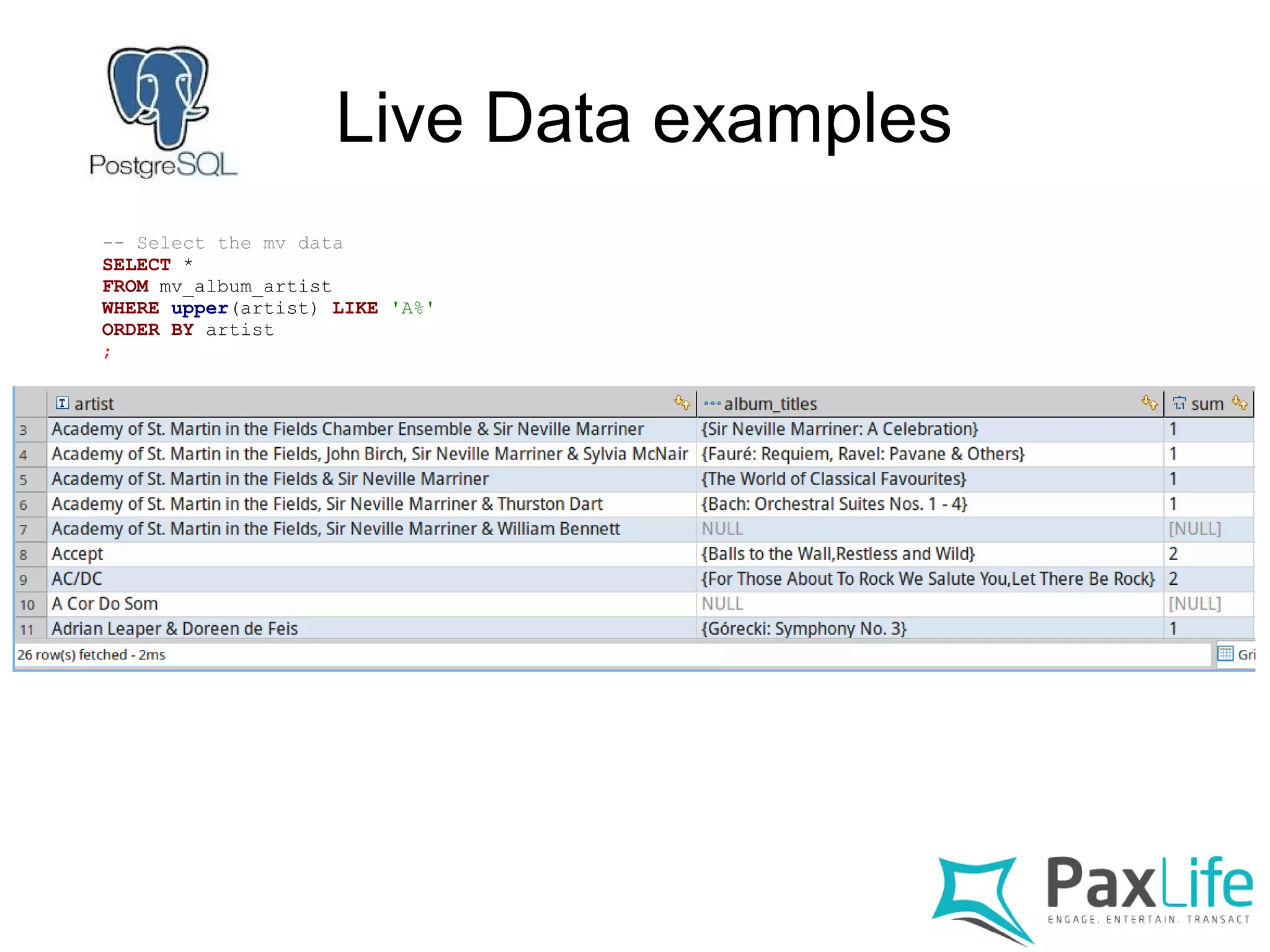 Live Data examples
-- Select the mv data
SELECT *
FROM mv_album_artist
WHERE upper(artist) LIKE 'A%'
ORDER BY artist
;
 