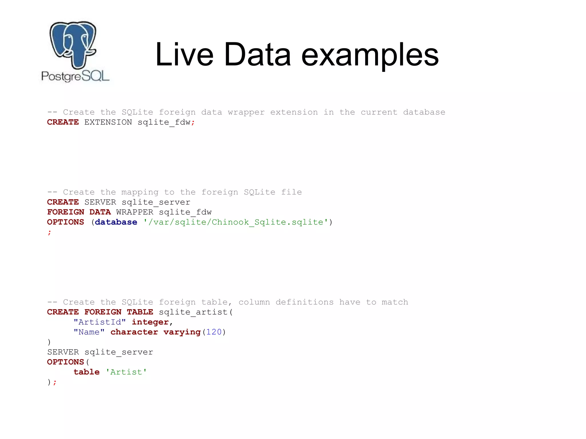 Live Data examples
-- Create the SQLite foreign data wrapper extension in the current database
CREATE EXTENSION sqlite_fdw;
-- Create the mapping to the foreign SQLite file
CREATE SERVER sqlite_server
FOREIGN DATA WRAPPER sqlite_fdw
OPTIONS (database '/var/sqlite/Chinook_Sqlite.sqlite')
;
-- Create the SQLite foreign table, column definitions have to match
CREATE FOREIGN TABLE sqlite_artist(
"ArtistId" integer,
"Name" character varying(120)
)
SERVER sqlite_server
OPTIONS(
table 'Artist'
);
 