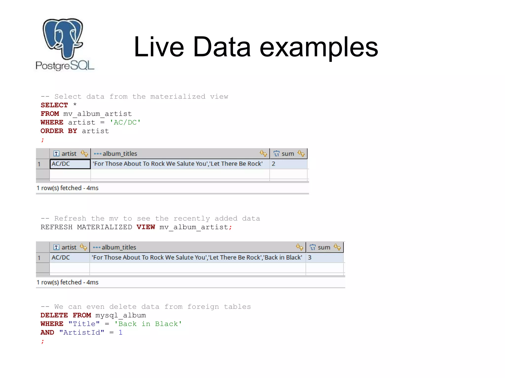 Live Data examples
-- Select data from the materialized view
SELECT *
FROM mv_album_artist
WHERE artist = 'AC/DC'
ORDER BY artist
;
-- Refresh the mv to see the recently added data
REFRESH MATERIALIZED VIEW mv_album_artist;
-- We can even delete data from foreign tables
DELETE FROM mysql_album
WHERE "Title" = 'Back in Black'
AND "ArtistId" = 1
;
 