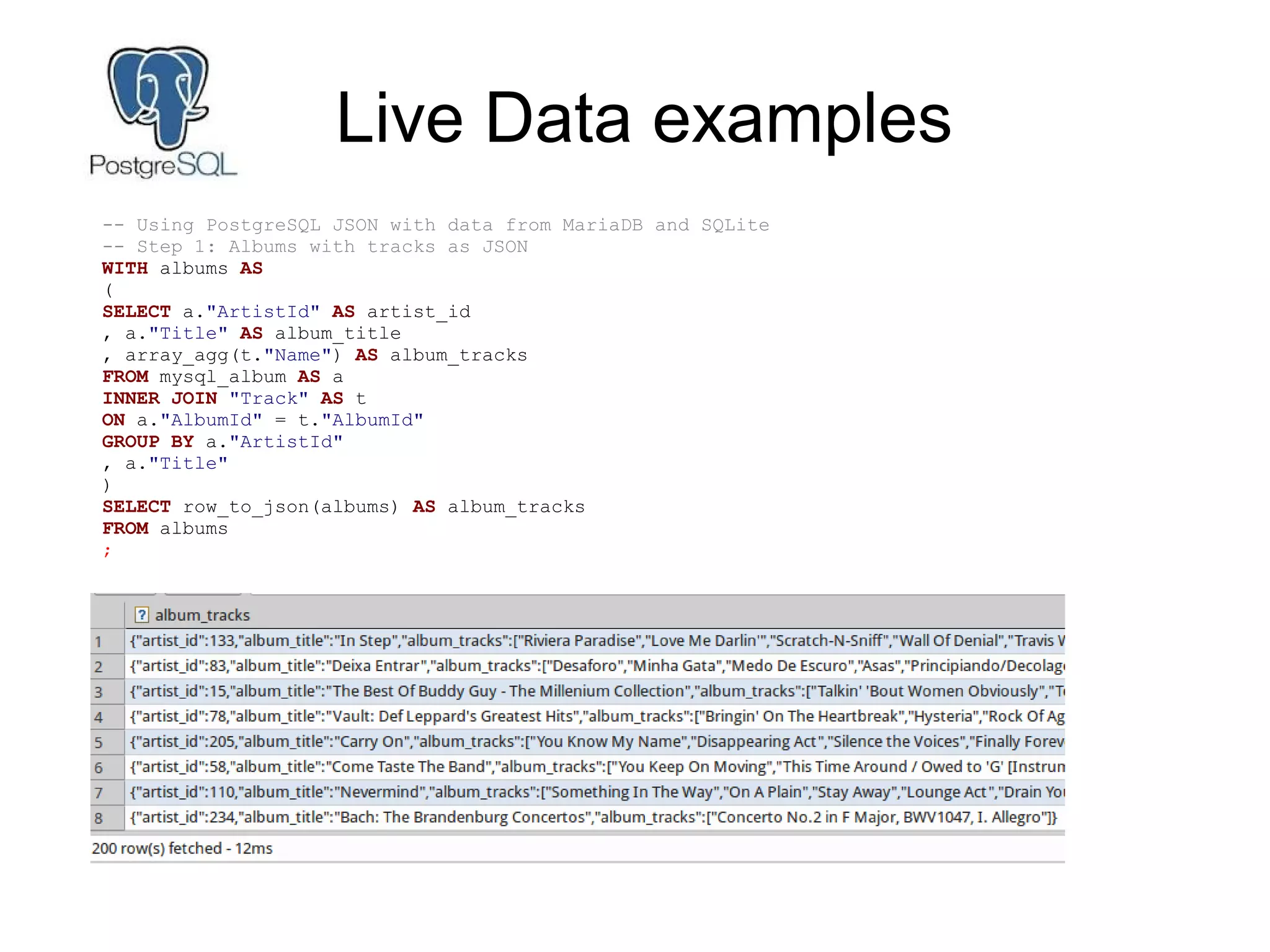 Live Data examples
-- Using PostgreSQL JSON with data from MariaDB and SQLite
-- Step 1: Albums with tracks as JSON
WITH albums AS
(
SELECT a."ArtistId" AS artist_id
, a."Title" AS album_title
, array_agg(t."Name") AS album_tracks
FROM mysql_album AS a
INNER JOIN "Track" AS t
ON a."AlbumId" = t."AlbumId"
GROUP BY a."ArtistId"
, a."Title"
)
SELECT row_to_json(albums) AS album_tracks
FROM albums
;
 
