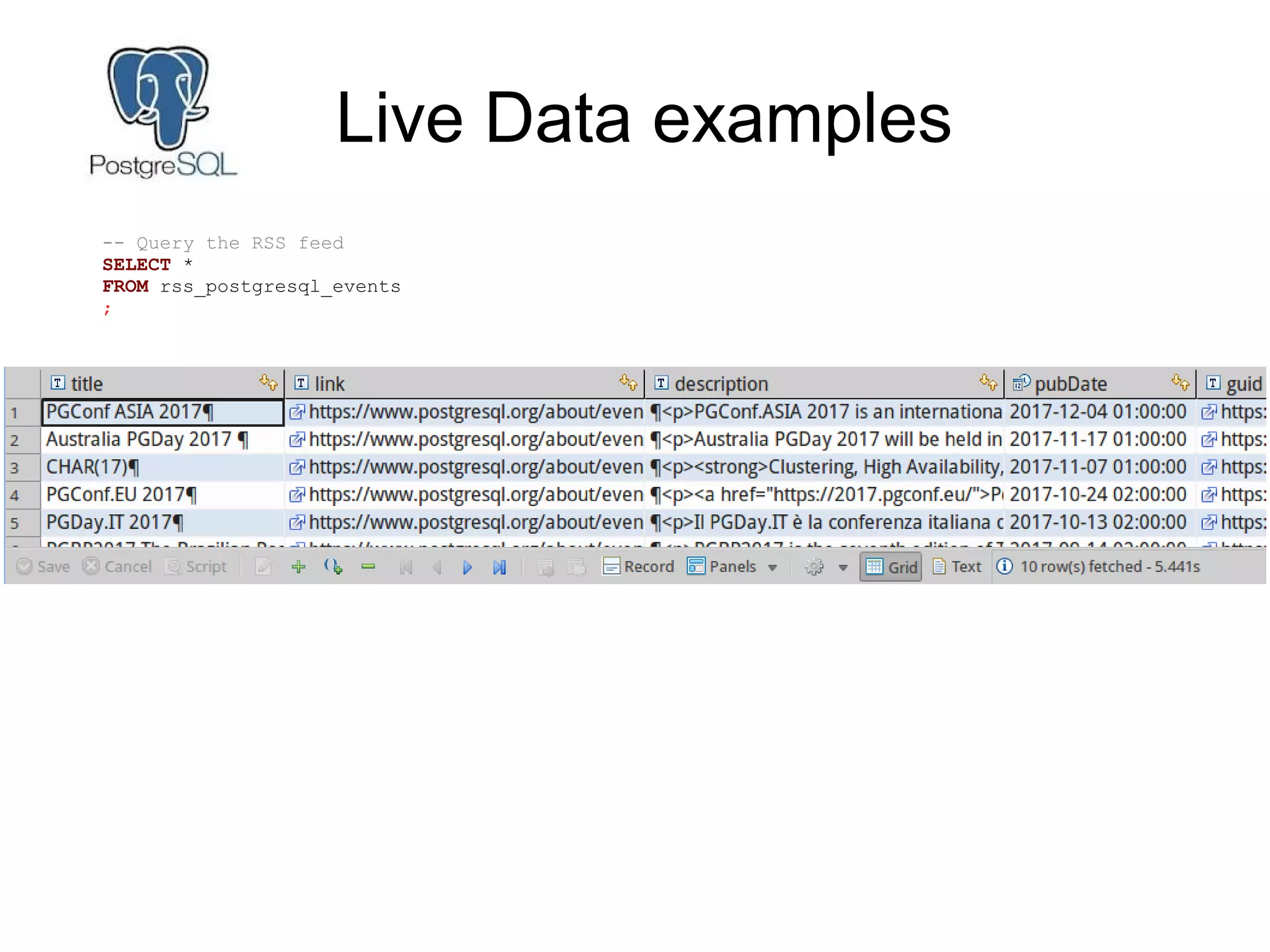 Live Data examples
-- Query the RSS feed
SELECT *
FROM rss_postgresql_events
;
 
