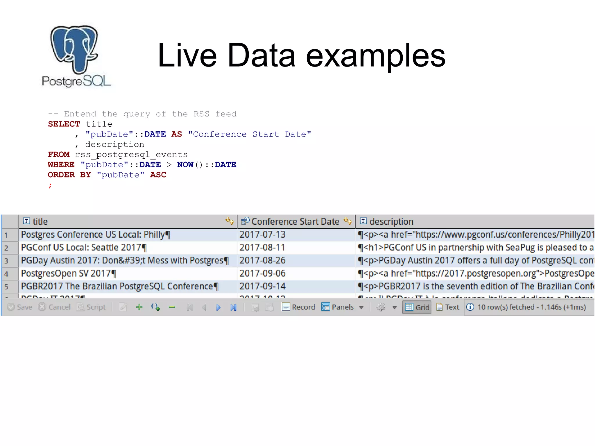 Live Data examples
-- Entend the query of the RSS feed
SELECT title
, "pubDate"::DATE AS "Conference Start Date"
, description
FROM rss_postgresql_events
WHERE "pubDate"::DATE > NOW()::DATE
ORDER BY "pubDate" ASC
;
 