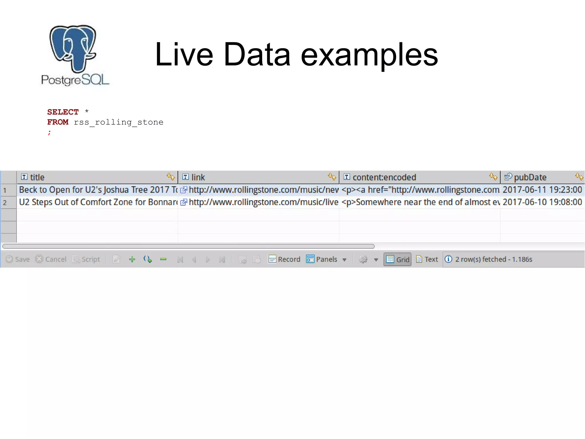 Live Data examples
SELECT *
FROM rss_rolling_stone
;
 