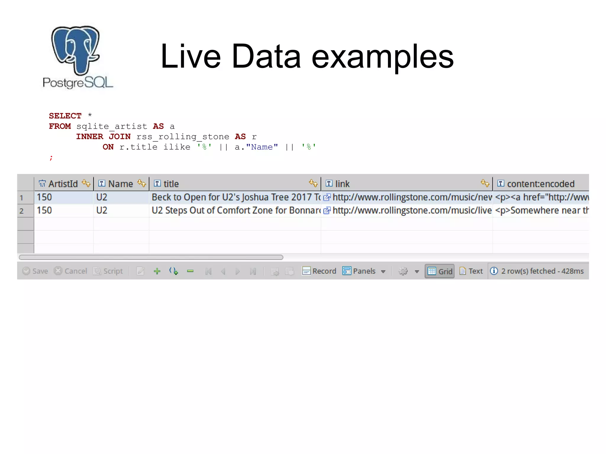 Live Data examples
SELECT *
FROM sqlite_artist AS a
INNER JOIN rss_rolling_stone AS r
ON r.title ilike '%' || a."Name" || '%'
;
 