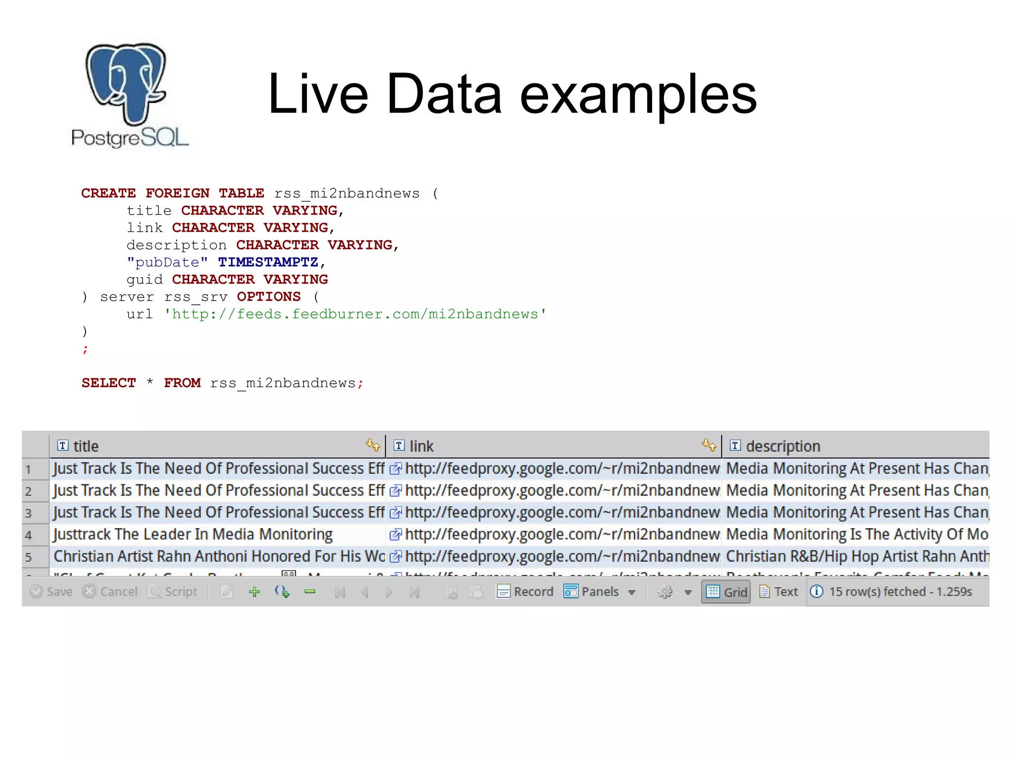 Live Data examples
CREATE FOREIGN TABLE rss_mi2nbandnews (
title CHARACTER VARYING,
link CHARACTER VARYING,
description CHARACTER VARYING,
"pubDate" TIMESTAMPTZ,
guid CHARACTER VARYING
) server rss_srv OPTIONS (
url 'http://feeds.feedburner.com/mi2nbandnews'
)
;
SELECT * FROM rss_mi2nbandnews;
 