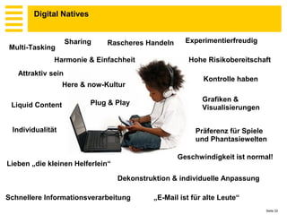 Digital Natives


                    Sharing   Rascheres Handeln     Experimentierfreudig
Multi-Tasking
              Harmonie & Einfachheit                  Hohe Risikobereitschaft
   Attraktiv sein
                                                          Kontrolle haben
                  Here & now-Kultur

                          Plug & Play                     Grafiken &
 Liquid Content                                           Visualisierungen


 Individualität                                         Präferenz für Spiele
                                                        und Phantasiewelten

                                                  Geschwindigkeit ist normal!
Lieben „die kleinen Helferlein“

                                  Dekonstruktion & individuelle Anpassung

Schnellere Informationsverarbeitung        „E-Mail ist für alte Leute“
                                                                             Seite 22
 