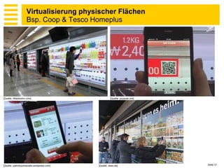 Virtualisierung physischer Flächen
                     Bsp. Coop & Tesco Homeplus




[Quelle: littledoremi.com]                             [Quelle: youscan.me]




[Quelle: patrickquintavalle.wordpress.com]   [Quelle: wiwo.de]                Seite 31
 