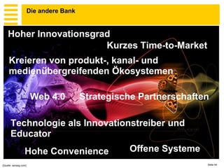 Die andere Bank


    Hoher Innovationsgrad
                        Kurzes Time-to-Market
     Kreieren von produkt-, kanal- und
     medienübergreifenden Ökosystemen

                        Web 4.0          Strategische Partnerschaften

      Technologie als Innovationstreiber und
      Educator
                  Hohe Convenience                 Offene Systeme
[Quelle: senseg.com]                                                Seite 44
 