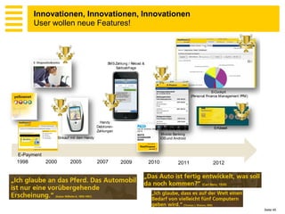 Innovationen, Innovationen, Innovationen
         PostFinance Innovationen
        User wollen neue Features!



                                                    SMS Zahlung / Reload &
                                                        Saldoabfrage




                                                                                                                    E-Cockpit
                                                                                                      (Personal Finance Management PFM)




                                                Handy
                                              Debitoren-                                                           E-Kässeli
                                              Zahlungen
                                                                                     Mobile Banking
                      Einkauf mit dem Handy                                         iOS und Android



E-Payment
1998           2000          2005             2007         2009              2010             2011                2012


       = Erster Anbieter in der Schweiz




                                                                                                                                          Seite 45
 