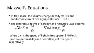 Maxwell’s Equations
 In free space, the volume charge density (ρ) = 0 and
conduction current density (J1) = 0 (since  = 0 ).
 The differential forms of Faraday and Ampere’s laws become:
and
where , c is the speed of light in free space= 3*108
m/s.
and are permeability and permittivity of free space
respectively.
o o
E
B
t
 

 

B
E
t

 

 