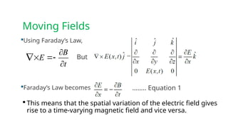Moving Fields
 This means that the spatial variation of the electric field gives
rise to a time-varying magnetic field and vice versa.
Using Faraday’s Law,
B
E
t

 

But
Faraday’s Law becomes …….. Equation 1
 