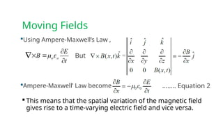 Moving Fields
 This means that the spatial variation of the magnetic field
gives rise to a time-varying electric field and vice versa.
Using Ampere-Maxwell’s Law ,
But
Ampere-Maxwell’ Law becomes
o o
E
B
t
 

 

…….. Equation 2
 