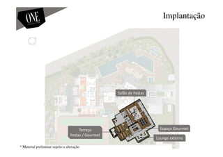 Implantação
Espaço Gourmet
Salão de Festas
Terraço
Festas / Gourmet
Lounge externo
* Material preliminar sujeito a alteração
 
