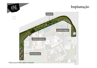 Implantação
Espelho d’água
Fitness Externo
Redário
Play Aventura
* Material preliminar sujeito a alteração
 