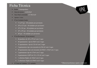 Ficha Técnica
Estilo: Contemporâneo
Área do terreno: 4.445,62m²
Área Total construída: 27.749,31m²
Apenas 1 torre
Nº de Unidades/Andar:
1º ao 9º pav - 06 unidades por pavimento
10º ao 21º pav - 04 unidades por pavimento
22º e 24º pav - 06 unidades por pavimento
23º e 25º pav - 02 unidades por pavimento
26º pav - 03 unidades por pavimento
Nº de Pavimentos: 28 pavimentos
06 giardinos de 185 a 279 m² com 2 vagas
48 apartamentos tipo de 98m² com 2 vagas
32 apartamentos tipo de 124 m² com 2 vagas
2 apartamentos tipo com mezanino de 264 m² com 4 vagas
20 apartamentos tipo com mezanino de150m² e 154m² com 3 vagas
2 apartamentos tipo de 137m² com 2 vagas
8 apartamentos LOFT de 123 e 152 m² com 2 vagas
1 cobertura Duplex de 344m² com 6 vagas
2 coberturas Triplex de 439m² com 6 vagas
Nº Total de Unidades: 121 unidades * Material preliminar sujeito a alteração
 