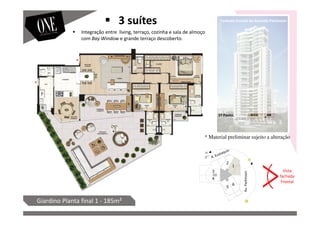 1º Pavto.
Giardino Planta final 1 - 185m²
Fachada Frontal da Avenida Parkinson
Vista
fachada
Frontal
Av.Parkinson
Integração entre living, terraço, cozinha e sala de almoço
com Bay Window e grande terraço descoberto.
3 suítes
* Material preliminar sujeito a alteração
 
