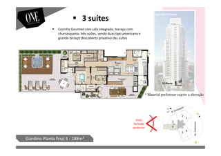 Vista
fachada
posterior
Av.Parkinson
1º Pavto.
Giardino Planta final 4 - 188m²
Fachada Posterior
Cozinha Gourmet com sala integrada, terraço com
churrasqueira, três suítes, sendo duas tipo americana e
grande terraço descoberto privativo das suítes
3 suítes
* Material preliminar sujeito a alteração
 