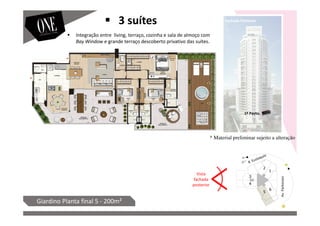 Av.Parkinson
1º Pavto.
Giardino Planta final 5 - 200m²
Fachada Posterior
Vista
fachada
posterior
3 suítes
Integração entre living, terraço, cozinha e sala de almoço com
Bay Window e grande terraço descoberto privativo das suítes.
* Material preliminar sujeito a alteração
 