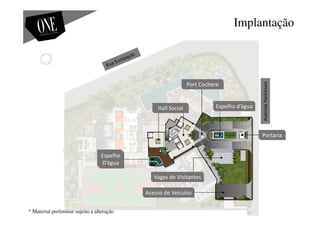 Implantação
Acesso de Veículos
Hall Social Espelho d’água
Vagas de Visitantes
Portaria
Port Cochere
AvenidaParkinson
Espelho
D’água
* Material preliminar sujeito a alteração
 