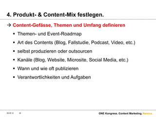 4. Produkt- & Content-Mix festlegen.
 Content-Gefässe, Themen und Umfang definieren
        Themen- und Event-Roadmap
        Art des Contents (Blog, Fallstudie, Podcast, Video, etc.)
        selbst produzieren oder outsourcen
        Kanäle (Blog, Website, Microsite, Social Media, etc.)
        Wann und wie oft publizieren
        Verantwortlichkeiten und Aufgaben




09.05.12   32                                   ONE Kongress. Content Marketing. Namics.
 