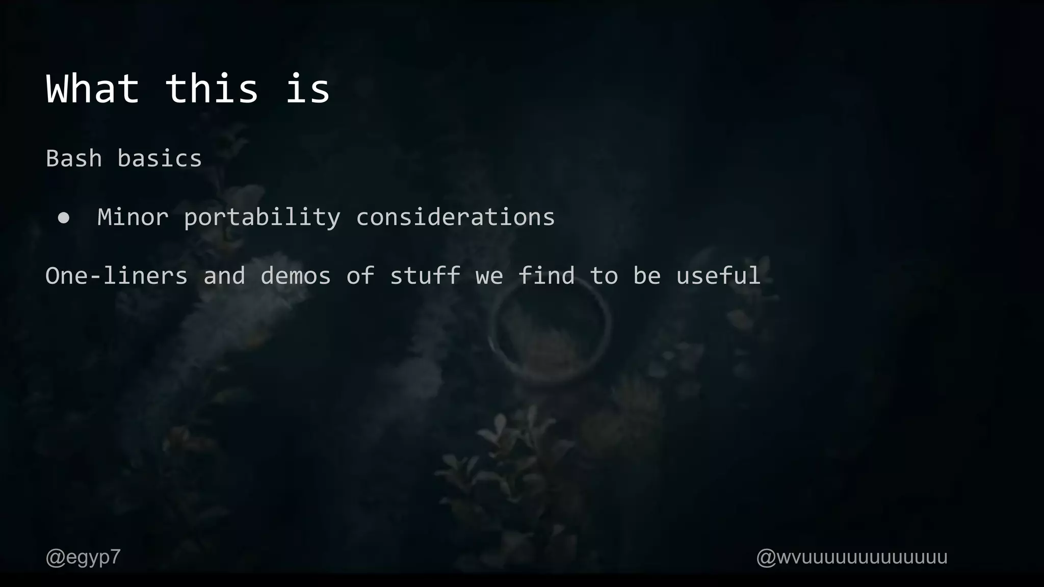 What this is
Bash basics
● Minor portability considerations
One-liners and demos of stuff we find to be useful
@egyp7 @wvuuuuuuuuuuuuu
 