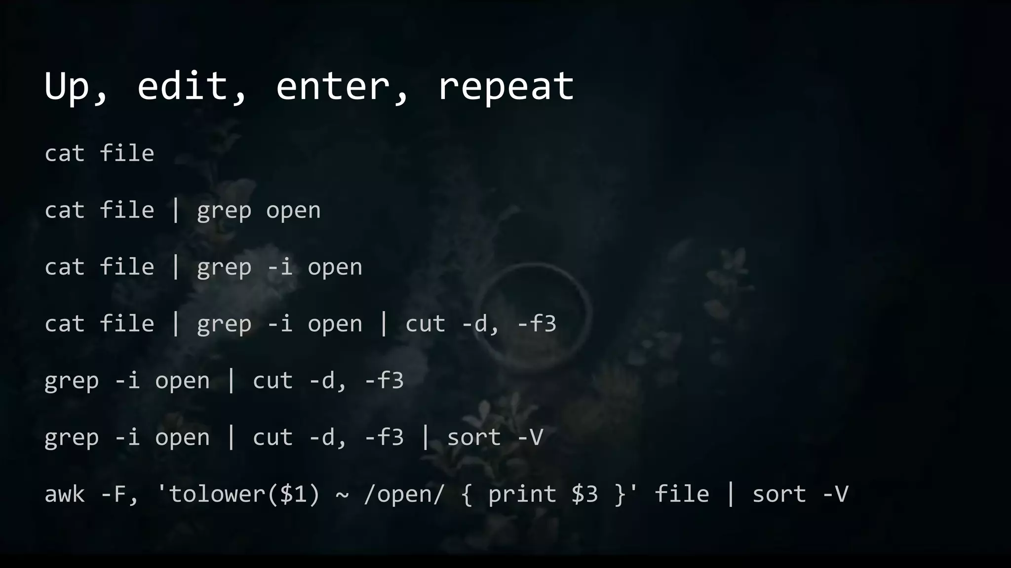 Up, edit, enter, repeat
cat file
cat file | grep open
cat file | grep -i open
cat file | grep -i open | cut -d, -f3
grep -i open | cut -d, -f3
grep -i open | cut -d, -f3 | sort -V
awk -F, 'tolower($1) ~ /open/ { print $3 }' file | sort -V
 