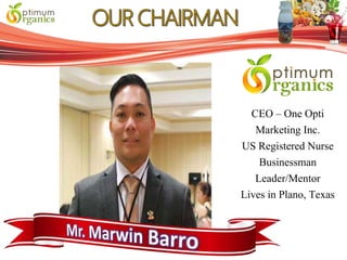 CEO – One Opti
Marketing Inc.
US Registered Nurse
Businessman
Leader/Mentor
Lives in Plano, Texas
 