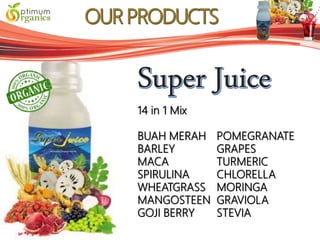 14 in 1 Mix
BUAH MERAH
BARLEY
MACA
SPIRULINA
WHEATGRASS
MANGOSTEEN
GOJI BERRY
POMEGRANATE
GRAPES
TURMERIC
CHLORELLA
MORINGA
GRAVIOLA
STEVIA
 