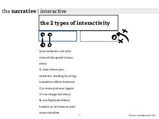 Ulf Grüner | www.ulfgruener.de | 2015
the 2 types of interactivity
your audience can only
control the speed of your
story:
1. slow down your
audience reading by using
transition effects between
2 or more pictures (again:
it‘s an image-led story)
2. use flipbook-effects
besides or in between your
main storyline
the narrative | interactive
21
 