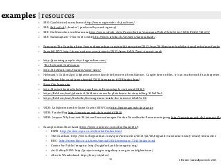 Ulf Grüner | www.ulfgruener.de | 2015
• SRG: Qualität im Journalismus http://www.srginsider.ch/qualitaet/
• SRF: ikrk.srf.ch („dossier“, produced by a web-agency)
• SRF: Die Menschen von Maracana http://www.srfcdn.ch/srf/news/kultur/maracana/f5dba9bc6eb14ec5b084ff24b3742e05/
• SRF: Nationalpark – Hier wird‘s wild http://www.srfcdn.ch/srf/news/nationalpark/
• Firestorm The Guardian http://www.theguardian.com/world/interactive/2013/may/26/firestorm-bushfire-dunalley-holmes-family
• Snowfall NYT: http://www.nytimes.com/projects/2012/snow-fall/#/?part=tunnel-creek
• http://powering-people-city.theguardian.com/
•  The Reykjavik Confessions
• http://pitchfork.com/features/cover-story/
• Helmand's Golden Age. Afghanistan once faced the future with confidence. Caught here on film, it's an era the world has forgotten.
http://www.bbc.co.uk/news/special/2014/newsspec_8529/index.html
• River City Ingenuity
• http://deutschlandradiokultur.pageflow.io/thementag-le-corbusier#24163
• https://fold.cm/read/pbernier1/fold-une-nouvelle-plateforme-de-storytelling-35ZaZTm5
• https://fold.cm/read/Rochelle/the-magicians-inside-the-internet-22oB7wX6
• WDR: Auftaktrennen des Super Gravity NRW Cup http://reportage.wdr.de/gravity
• WDR: Parabelflug http://reportage.wdr.de/parabel#13816
• WDR: Jacques Tilly baut seit 30 Jahren Karnevalswagen für den Düsseldorfer Rosenmontagszug http://reportage.wdr.de/jacques-tilly
• Examples from Shorthand (http://www.pinterest.com/shorthand101/):
◦ ESPN: http://review.espn.co.uk/football/index.html
◦ The Guardian: http://www.theguardian.com/sport/interactive/2013/jul/08/england-v-australia-history-rivalry-interactive
◦ BBC: http://www.bbc.co.uk/news/special/2014/newsspec_7141/index.html
◦ Centre For Public Integrity: http://eagleford.publicintegrity.org/
◦ Art Gallery NSW: http://projects-origin.artgallery.nsw.gov.au/afghanistan/
◦ Alice In Wonderland: http://story.sh/alice/
examples | resources
38
 