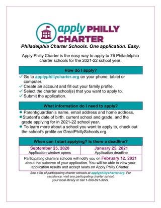 Philadelphia Charter Schools. One application. Easy.
Apply Philly Charter is the easy way to apply to 76 Philadelphia
charter schools for the 2021-22 school year.
Go to applyphillycharter.org on your phone, tablet or
computer.
Create an account and fill out your family profile.
Select the charter school(s) that you want to apply to.
Submit the application.
Parent/guardian’s name, email address and home address.
Student’s date of birth, current school and grade, and the
grade applying for in 2021-22 school year.
To learn more about a school you want to apply to, check out
the school's profile on GreatPhillySchools.org.
September 25, 2020
Application window opens
January 25, 2021
Application deadline
Participating charters schools will notify you on February 12, 2021
about the outcome of your application. You will be able to view your
application results and accept seats on Apply Philly Charter.
See a list of participating charter schools at applyphillycharter.org. For
assistance, visit any participating charter school,
your local library or call 1-800-891-3999.
How do I apply?
What information do I need to apply?
When can I start applying? Is there a deadline?
 
