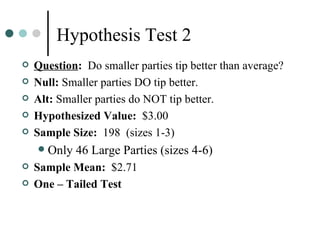 Hypothesis Test 2 Question :   Do smaller parties tip better than average? Null:  Smaller parties DO tip better. Alt:  Smaller parties do NOT tip better. Hypothesized Value:   $3.00 Sample Size:  198  (sizes 1-3) Only 46 Large Parties (sizes 4-6) Sample Mean:  $2.71 One – Tailed Test 