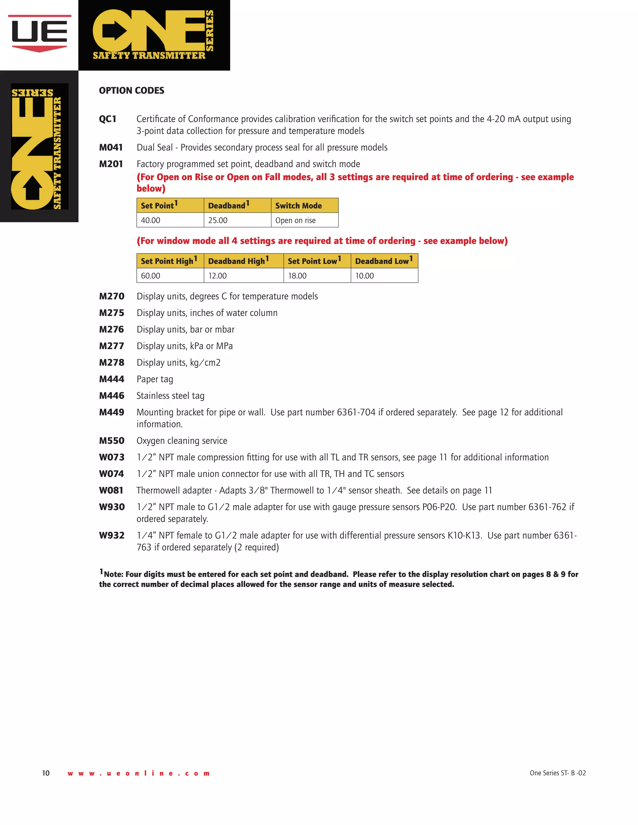 10 w w w . u e o n l i n e . c o m One Series ST- B -02
OPTION CODES
QC1	 Certificate of Conformance provides calibration verification for the switch set points and the 4-20 mA output using 	 	
	 3-point data collection for pressure and temperature models
M041	 Dual Seal - Provides secondary process seal for all pressure models
M201	 Factory programmed set point, deadband and switch mode
	 (For Open on Rise or Open on Fall modes, all 3 settings are required at time of ordering - see example 	 	
	 below)
Set Point1 Deadband1 Switch Mode
40.00 25.00 Open on rise
	 (For window mode all 4 settings are required at time of ordering - see example below)
Set Point High1 Deadband High1 Set Point Low1 Deadband Low1
60.00 12.00 18.00 10.00
M270	 Display units, degrees C for temperature models
M275	 Display units, inches of water column
M276	 Display units, bar or mbar
M277	 Display units, kPa or MPa
M278 	 Display units, kg/cm2
M444 	 Paper tag
M446	 Stainless steel tag
M449	 Mounting bracket for pipe or wall.  Use part number 6361-704 if ordered separately.  See page 12 for additional 	 	
	 information.
M550	 Oxygen cleaning service
W073	 1/2” NPT male compression fitting for use with all TL and TR sensors, see page 11 for additional information
W074	 1/2” NPT male union connector for use with all TR, TH and TC sensors
W081	 Thermowell adapter - Adapts 3/8" Thermowell to 1/4" sensor sheath.  See details on page 11
W930	 1/2” NPT male to G1/2 male adapter for use with gauge pressure sensors P06-P20.  Use part number 6361-762 if 	 	
	 ordered separately.
W932	 1/4” NPT female to G1/2 male adapter for use with differential pressure sensors K10-K13.  Use part number 6361-	 	
	 763 if ordered separately (2 required)
1Note: Four digits must be entered for each set point and deadband.  Please refer to the display resolution chart on pages 8 & 9 for
the correct number of decimal places allowed for the sensor range and units of measure selected.
 