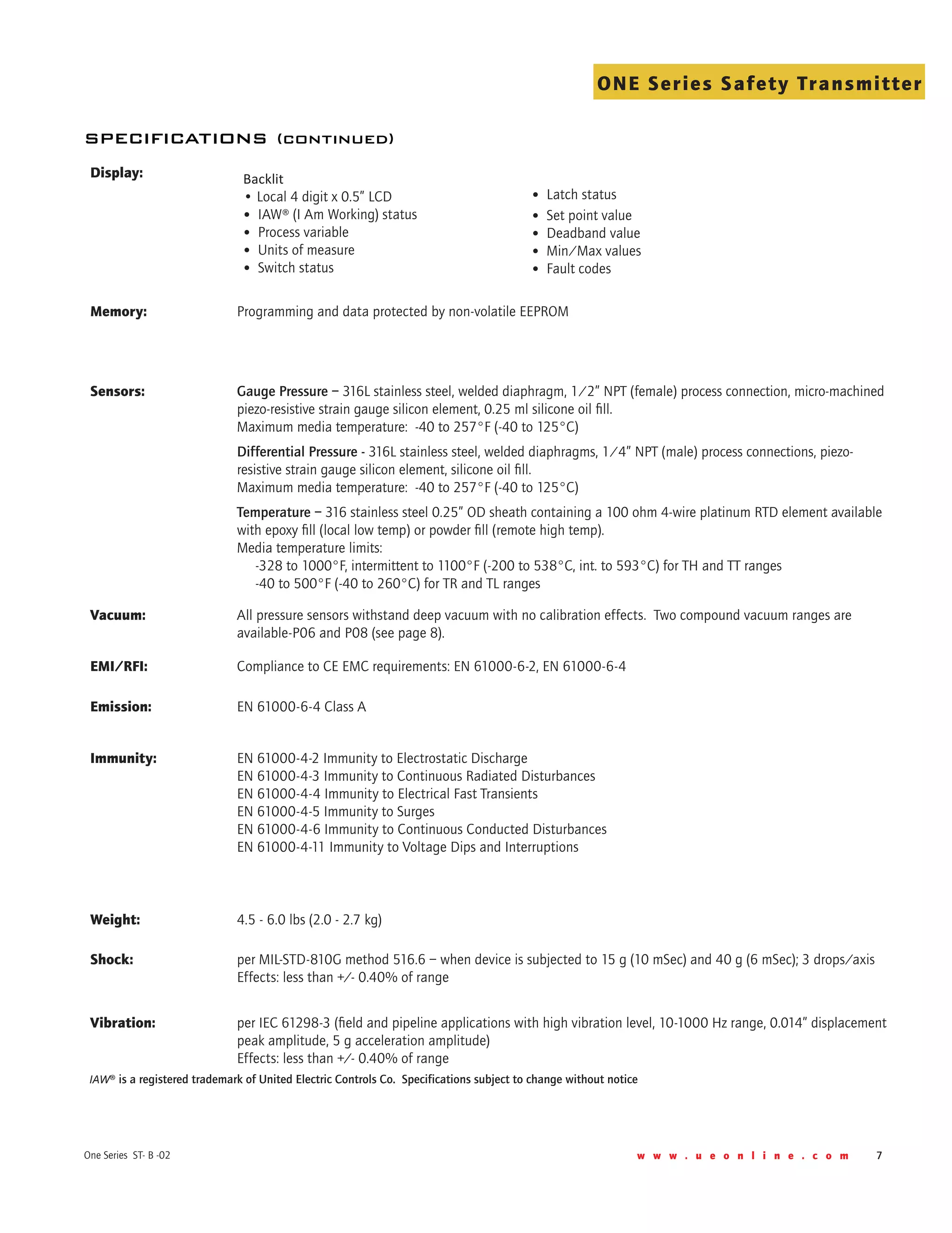 w w w . u e o n l i n e . c o m 7One Series ST- B -02
ONE Series Safety Transmitter
IAW® is a registered trademark of United Electric Controls Co. Specifications subject to change without notice
Display: Backlit  
• Local 4 digit x 0.5” LCD                                 	
•  IAW® (I Am Working) status               	
•  Process variable                                             	
•  Units of measure                                          	
•  Switch status        
                                        
•  Latch status	
•  Set point value	
•  Deadband value	
•  Min/Max values	
•  Fault codes
Memory: Programming and data protected by non-volatile EEPROM
Sensors: Gauge Pressure – 316L stainless steel, welded diaphragm, 1/2” NPT (female) process connection, micro-machined
piezo-resistive strain gauge silicon element, 0.25 ml silicone oil fill.
Maximum media temperature:  -40 to 257°F (-40 to 125°C)
Differential Pressure - 316L stainless steel, welded diaphragms, 1/4” NPT (male) process connections, piezo-
resistive strain gauge silicon element, silicone oil fill.
Maximum media temperature:  -40 to 257°F (-40 to 125°C)
Temperature – 316 stainless steel 0.25” OD sheath containing a 100 ohm 4-wire platinum RTD element available
with epoxy fill (local low temp) or powder fill (remote high temp).
Media temperature limits:  
     -328 to 1000°F, intermittent to 1100°F (-200 to 538°C, int. to 593°C) for TH and TT ranges
     -40 to 500°F (-40 to 260°C) for TR and TL ranges
Vacuum: All pressure sensors withstand deep vacuum with no calibration effects.  Two compound vacuum ranges are
available-P06 and P08 (see page 8).
EMI/RFI: Compliance to CE EMC requirements: EN 61000-6-2, EN 61000-6-4
Emission: EN 61000-6-4 Class A
Immunity: EN 61000-4-2 Immunity to Electrostatic Discharge
EN 61000-4-3 Immunity to Continuous Radiated Disturbances
EN 61000-4-4 Immunity to Electrical Fast Transients
EN 61000-4-5 Immunity to Surges
EN 61000-4-6 Immunity to Continuous Conducted Disturbances
EN 61000-4-11 Immunity to Voltage Dips and Interruptions
Weight: 4.5 - 6.0 lbs (2.0 - 2.7 kg)
Shock: per MIL-STD-810G method 516.6 – when device is subjected to 15 g (10 mSec) and 40 g (6 mSec); 3 drops/axis
Effects: less than +/- 0.40% of range
Vibration: per IEC 61298-3 (field and pipeline applications with high vibration level, 10-1000 Hz range, 0.014” displacement
peak amplitude, 5 g acceleration amplitude)
Effects: less than +/- 0.40% of range
specifications (continued)
 