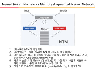 Neural Turing Machine vs Memory Augmented Neural Network
1. MANN은 NTM의 변형이다.
2. Controller는 Feed Forward NN or LSTM을 사용하였다.
3. 기존 NTM은 복사, 정렬등의 알고리즘을 학습하는데 사용하였지만 이
논문에서는 One-shot Learing에 사용
4. 빠른 학습을 위해 Memory에 Write할 때 가장 적게 사용된 메모리 or
가장 최근에 사용된 메모리에 Write함 (LRUA)
5. 그렇다면 기본적인 질문?! 왜 Augmented Memory가 필요할까?
 