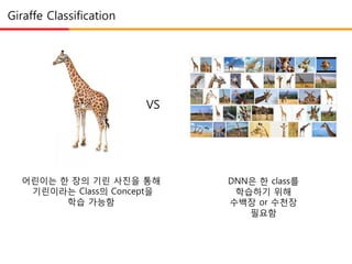 Giraffe Classification
VS
어린이는 한 장의 기린 사진을 통해
기린이라는 Class의 Concept을
학습 가능함
DNN은 한 class를
학습하기 위해
수백장 or 수천장
필요함
 