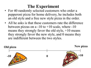 The Experiment
• For 40 randomly selected customers who order a
  pepperoni pizza for home delivery, he includes both
  an old style and a free new style pizza in the order.
• All he asks is that these customers rate the difference
  between pizzas on a -10 to +10 scale, where -10
  means they strongly favor the old style, +10 means
  they strongly favor the new style, and 0 means they
  are indifferent between the two styles.

Old pizza                                         New pizza


  -10                         0                      +10
 