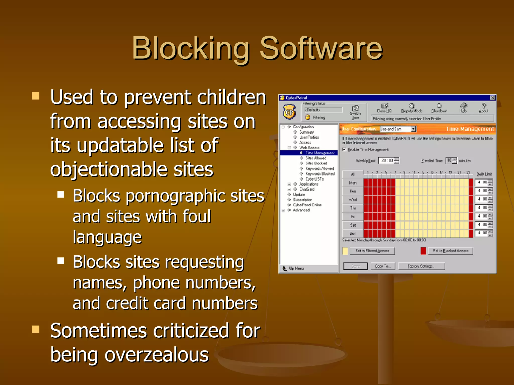 Blocking Software Used to prevent children from accessing sites on its updatable list of objectionable sites Blocks pornographic sites and sites with foul language  Blocks sites requesting names, phone numbers, and credit card numbers Sometimes criticized for being overzealous 