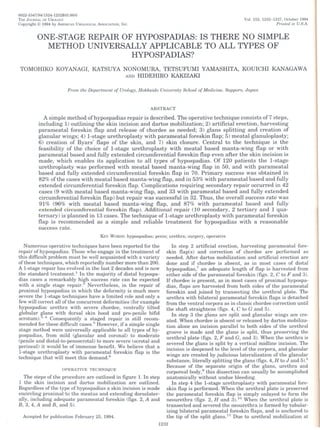 0022-5347/94/1524-1232$03.00/0
THE JOURNAL   OF UROLOGY                                                                                                  Vol. 152, 1232-1237, October 1994
Copyright © 1994 by   AMERICAN   UROLOGICAL   AsSOCIATION,   INC.                                                                           Printed in U.8.A.


          ONE-STAGE REPAIR OF HYPOSPADIAS: IS THERE NO SIMPLE
            METHOD UNIVERSALLY APPLICABLE TO ALL TYPES OF
                             HYPO SPAD lAS?
 TOMOHIKO KOYANAGI, KATSUYA NONOMURA, TETSUFUMI YAMASHITA, KOUICHI                                                                       KANAGAWA
                             AND HIDEHIRO KAKIZAKI

                             From the Department        of Urology, Hokkaido       Uniuersity School of Medicine, Sapporo, Japan


                                                                               ABSTRACT

             A simple method ofhypospadias repair is described. The operative technique consists of7 steps,
           including 1) outlining the skin incision and dartos mobilization; 2) artificial erection, harvesting
           parameatal foreskin flap and release of chordee as needed; 3) glans splitting and creation of
           glanular wings; 4) l-stage urethroplasty with parameatal foreskin flap; 5) meatal glanuloplasty;
           6) creation of Byars' flap s of the skin, and 7) skin closure. Central to the technique is the
           feasibility of the choice of l-stage urethroplasty with meatal based manta-wing flap or with
           parameatal based and fully extended circumferential foreskin flap even after the skin incision is
           made, which enables its application to all types of hypospadias. Of 120 patients the l-stage
           urethroplasty was performed with meatal based manta-wing flap in 50, and with parameatal
           based and fully extended circumferential foreskin flap in 70. Primary success was obtained in
           82% ofthe cases with meatal based manta-wing flap, and in 53% with parameatal based and fully
           extended circumferential foreskin flap. Complications requiring secondary repair occurred in 42
           cases (9 with meatal based manta-wing flap, and 33 with parameatal based and fully extended
           circumferential foreskin flap) but repair was successful in 32. Thus, the overall success rate was
           91% (96% with meatal based manta-wing flap, and 87% with parameatal based and fully
           extend d circumferential foreskin flap). Additional repair 10 secondary, 2 tertiary and 1 qua-
           ternary) is planned in 13 cases. The technique of l-stage urethroplasty with parameatal foreskin
           flap is recommended as a simple and reliable treatment for hypospadias with a reasonable
           success rateo
                                               KEy WORDS:           hypospadias; penis; urethra; surgery, operative
  Numerous operative techniques have been reported for the                               In step 2 artificial erection, harvesting parameatal fore-
repair of hypospadias. Those who engage in the treatment of                           skin flap(s) and correction of chordee are performed as
this difficult problem must be well acquainted with a variety                         needed. After dartos mobilization and artificial erection are
ofthese techniques, which reportedly number more than 200.                            done and if chordee is absent, as in most cases of distal
A l-stage repair has evolved in the last 2 decades and is now                         hypospadias,7 an adequate length of flap is harvested from
the standard treatment.1 In the majority of distal hypospa-                           either side of the parameatal foreskin (figs. 2, e to F and 3).
dias cases a remarkably high success rate can be expected                             If chordee is present, as in most cases of proximal hypospa-
with a single stage repair.2 Nevertheless, in the repair of                           dias, flaps are harvested from both sides of the parameatal
proximal hypospadias in which the deformity is much more                              foreskin and joined by transecting the urethral plate. The
severe the l-stage techniques have a limited role and only a                          urethra with bilateral parameatal foreskin flaps is detached
few will correct all ofthe concurrent deformities (for example                        from the ventral corpora as in classic chordee correction until
hypospadiac urethra with severe chordee, ventrally tilted                             the shaft straightens (figs. 4, e to G and 5).
globular glans with dorsal skin hood and pro-penile bifid                                In step 3 the glans are split and glanular wings are cre-
scrotum).3,4 Consequently a staged repair is still recom-                             ated. When chordee is absent or released by dartos mobiliza-
mended for these difficult cases.5 However, if a simple single                        tion alone an incision parallel to both sides of the urethral
stage method were universally applicable to all types of hy-                          groove is made and the glans is split, thus preserving the
pospadias, from mild (glanular and coronal) to moderate                               urethral plate (figs. 2, F and G, and 3). When the urethra is
(penile and distal-to-penoscrotal) to more severe (scrotal and                        severed the glans is split by a vertical midline incision. The
perineal) it would be of immense benefit. We believe that a                           incision is deepened to the level of the corpora, and glanular
l-stage urethroplasty with parameatal foreskin flap is the                            wings are created by judicious lateralization of the glanular
technique that will meet this demand.6
                                                                                      substance, literally splitting the glans (figs. 4, H to J and 5).8
                           OPERATIVE    TECHNIQUE
                                                                                      Because of the separate origin of the glans, urethra and
                                                                                      corporeal body,9 this dissection can usually be accomplished
   The steps of the procedure are outlined in figure 1. In step                       anatomically without undue bleeding.
1 the skin incision and dartos mobilization are outlined.                                In step 4 the l-stage urethroplasty with parameatal fore-
Regardless of the type of hypospadias a skin incision is made                         skin flap is performed. When the urethral plate is preserved
encircling proximal to the meatus and extending dorsolater-                           the parameatal foreskin flap is simply onlayed to form the
ally, including adequate parameatal foreskin (figs. 2, A and                          neourethra (figs. 2, H and 3).10 When the urethral plate is
B, 3, 4, A and B, and 5).                                                             transected and severed the neourethra is formed by tubular-
                                                                                      izing bilateral parameatal foreskin flaps, and is anchored to
  Accepted for publication February 25, 1994.                                         the tip of the split glans.ll Due to urethral mobilization at
                                                                                  1232
 