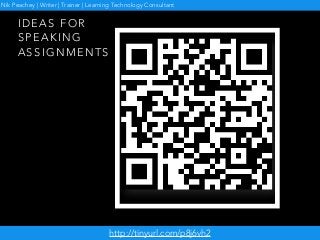 I D E A S F O R
S P E A K I N G
A S S I G N M E N T S
!
http://tinyurl.com/p8j6vh2
Nik Peachey | Writer | Trainer | Learning Technology Consultant
 