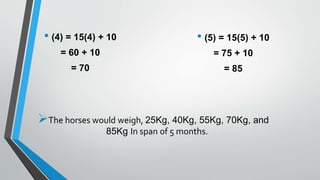 • (4) = 15(4) + 10
= 60 + 10
= 70
• (5) = 15(5) + 10
= 75 + 10
= 85
The horses would weigh, 25Kg, 40Kg, 55Kg, 70Kg, and
85Kg In span of 5 months.
 