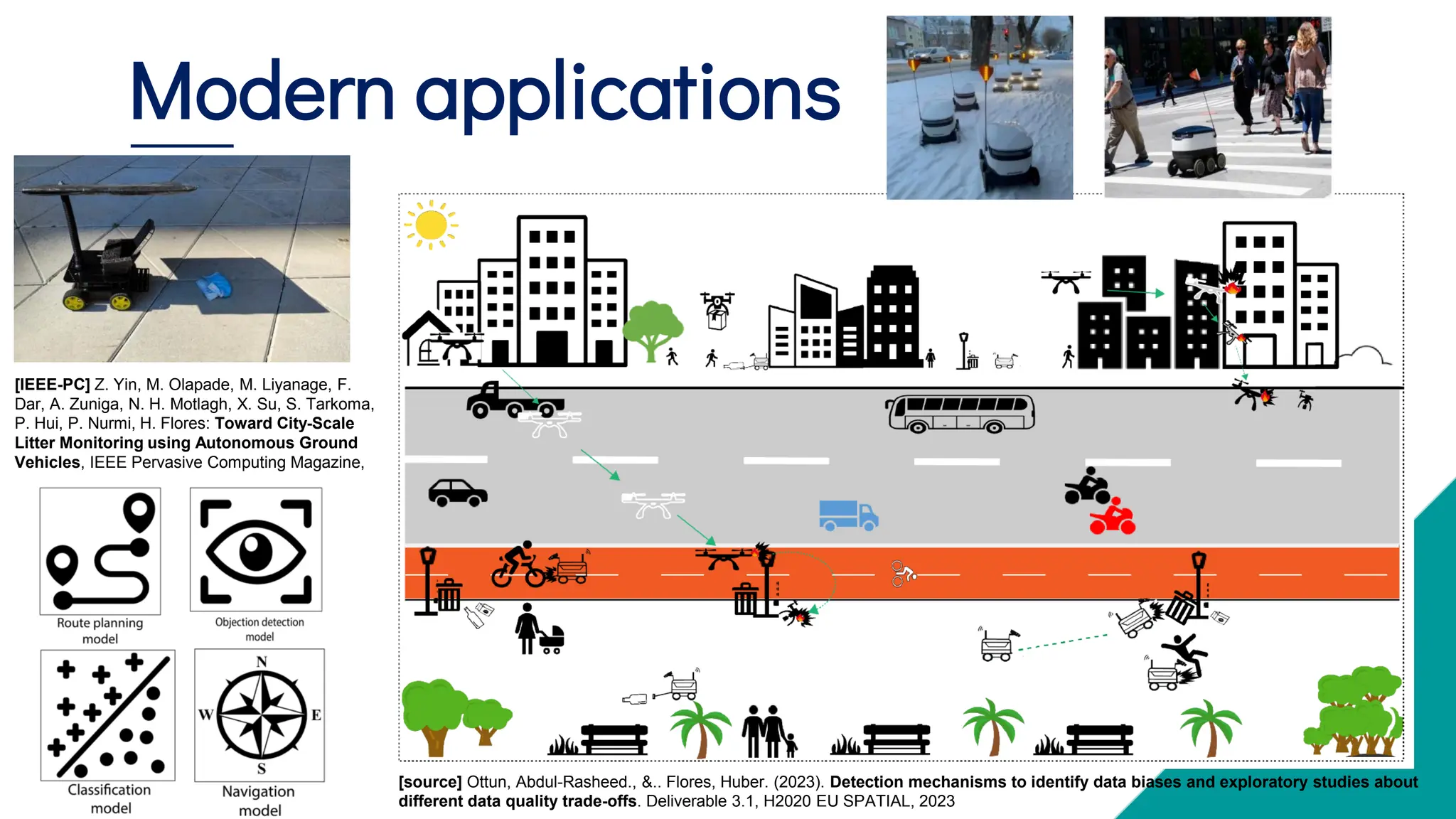 Modern applications
[IEEE-PC] Z. Yin, M. Olapade, M. Liyanage, F.
Dar, A. Zuniga, N. H. Motlagh, X. Su, S. Tarkoma,
P. Hui, P. Nurmi, H. Flores: Toward City-Scale
Litter Monitoring using Autonomous Ground
Vehicles, IEEE Pervasive Computing Magazine,
[source] Ottun, Abdul-Rasheed., &.. Flores, Huber. (2023). Detection mechanisms to identify data biases and exploratory studies about
different data quality trade-offs. Deliverable 3.1, H2020 EU SPATIAL, 2023
 