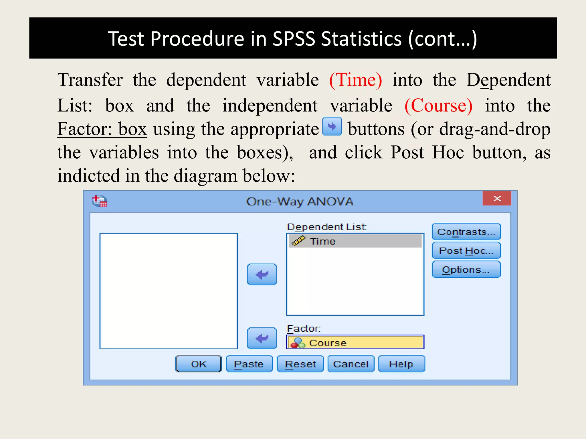 Test Procedure in SPSS Statistics (cont…)
Transfer the dependent variable (Time) into the Dependent
List: box and the independent variable (Course) into the
Factor: box using the appropriate buttons (or drag-and-drop
the variables into the boxes), and click Post Hoc button, as
indicted in the diagram below:
 
