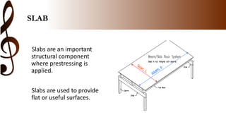 SLAB
Slabs are an important
structural component
where prestressing is
applied.
Slabs are used to provide
flat or useful surfaces.
 