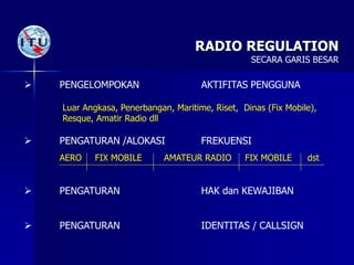 RADIO REGULATION
 PENGELOMPOKAN AKTIFITAS PENGGUNA
 PENGATURAN /ALOKASI FREKUENSI
 PENGATURAN HAK dan KEWAJIBAN
 PENGATURAN IDENTITAS / CALLSIGN
Luar Angkasa, Penerbangan, Maritime, Riset, Dinas (Fix Mobile),
Resque, Amatir Radio dll
AERO FIX MOBILE AMATEUR RADIO FIX MOBILE dst
SECARA GARIS BESAR
 