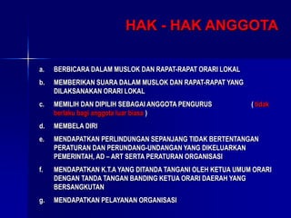 HAK - HAK ANGGOTA
a. BERBICARA DALAM MUSLOK DAN RAPAT-RAPAT ORARI LOKAL
b. MEMBERIKAN SUARA DALAM MUSLOK DAN RAPAT-RAPAT YANG
DILAKSANAKAN ORARI LOKAL
c. MEMILIH DAN DIPILIH SEBAGAI ANGGOTA PENGURUS ( tidak
berlaku bagi anggota luar biasa )
d. MEMBELA DIRI
e. MENDAPATKAN PERLINDUNGAN SEPANJANG TIDAK BERTENTANGAN
PERATURAN DAN PERUNDANG-UNDANGAN YANG DIKELUARKAN
PEMERINTAH, AD – ART SERTA PERATURAN ORGANISASI
f. MENDAPATKAN K.T.A YANG DITANDA TANGANI OLEH KETUA UMUM ORARI
DENGAN TANDA TANGAN BANDING KETUA ORARI DAERAH YANG
BERSANGKUTAN
g. MENDAPATKAN PELAYANAN ORGANISASI
 