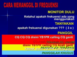 PANGGILAN KHUSUS
PANGGILAN TERARAH
PANGGILAN UMUM
MONITOR DULU
Ketahui apakah frekuensi ada yang
menggunakan
TANYAKAN
apakah frekuensi digunakan ??? ( 3 x )
PANGGIL
CQ CQ CQ disini YB1PR calling CQ ganti
CQ Aceh CQ Aceh CQ Aceh,
disini YB1PR calling CQ Aceh ganti
YB6AK disini YB1PR Calling ganti
 