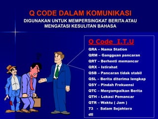 Q CODE DALAM KOMUNIKASI
DIGUNAKAN UNTUK MEMPERSINGKAT BERITA ATAU
MENGATASI KESULITAN BAHASA
Q Code I.T.U
QRA – Nama Station
QRM – Gangguan pancaran
QRT – Berhenti memancar
QRX – Istirahat
QSB – Pancaran tidak stabil
QSL – Berita diterima lengkap
QSY – Pindah Frekuensi
QTC – Menyampaikan Berita
QTH – Lokasi Pemancar
QTR – Waktu ( Jam )
73 - Salam Sejahtera
dll
 